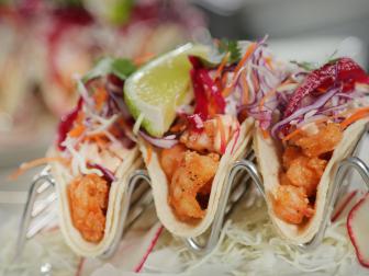 Lava Rock Shrimp Tacos as served at Guy Fieri's Playa Del Carmen Kitchen and Bar in Centro, Playa Del Carmen, Mexico as seen on Food Network's Diners, Drive-Ins and Dives episode 2606.